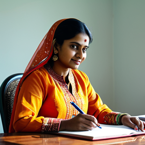 **

A professional Bangladeshi woman in a modest, brightly colored salwar kameez, sitting at a traditional writing desk in a sunlit home office, fully clothed, appropriate attire, safe for work, perfect anatomy, natural proportions, professional portrait, family-friendly, high quality.

**