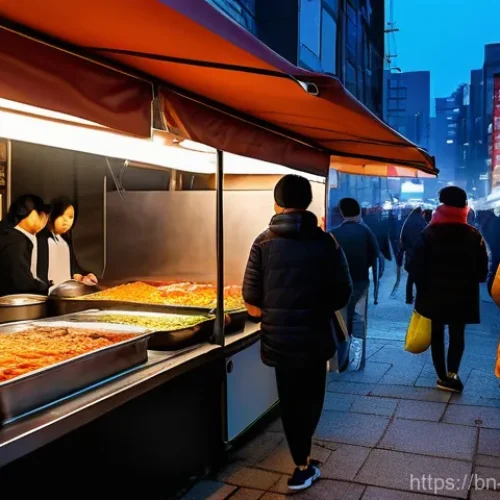 Home 18 대구 납작만두와 매운 떡볶이 궁합 - A vibrant and bustling Korean street food stall on a cool evening, with a clear focus on a steaming ...