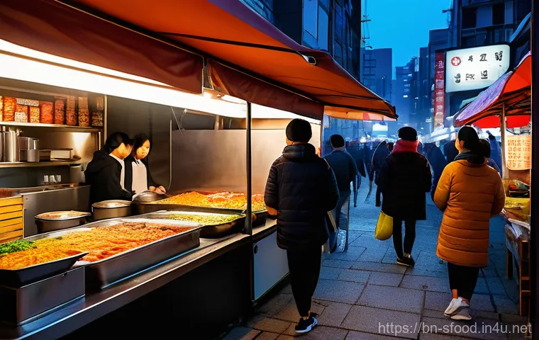 대구 납작만두와 매운 떡볶이 궁합 - A vibrant and bustling Korean street food stall on a cool evening, with a clear focus on a steaming ...