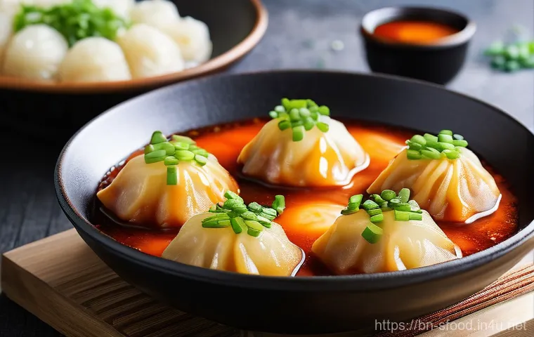 대구 납작만두와 매운 떡볶이 궁합 - A vibrant and bustling Korean street food stall on a cool evening, with a clear focus on a steaming ...