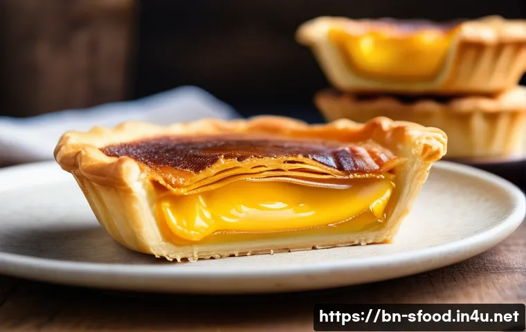 홍콩 에그타르트 전통 방식 - A close-up view of a traditional Hong Kong egg tart on a rustic wooden plate, featuring multiple del...