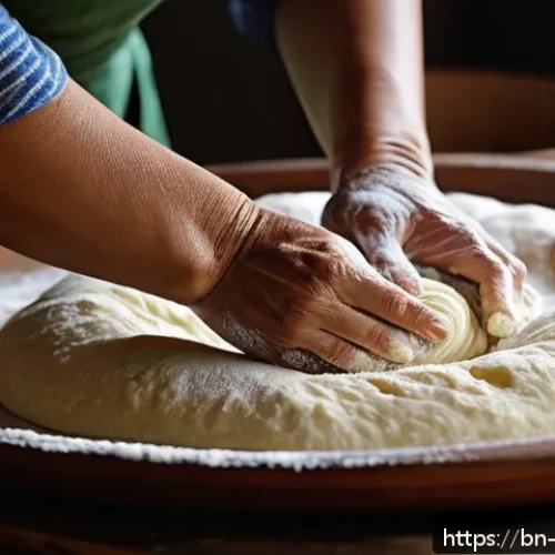 Home 13 볼리비아 살테냐 길거리 파이 레시피 - A close-up of a traditional Bolivian salteña dough preparation scene in a rustic kitchen, showing ha...