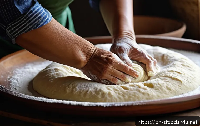 볼리비아 살테냐 길거리 파이  레시피 - A close-up of a traditional Bolivian salte&ntilde;a dough preparation scene in a rustic kitchen, showing ha...