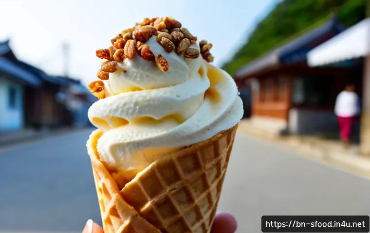 강릉 초당순두부 아이스크림 인기 비결 - Photorealistic close-up of a creamy pale ivory soft tofu ice cream swirl in a simple unbranded waffl...